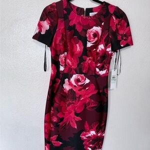 Calvin Klein Red and Black Floral Midi Dress Size 8